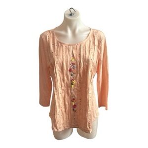Sundance Peach Embroidered Blouse Cotton Pintuck Pleats Sequins
